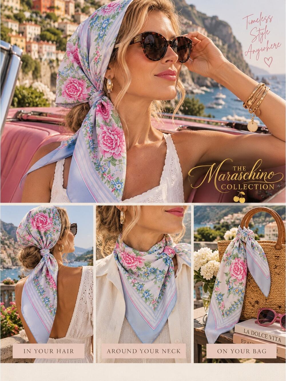Vintage 1988 Avon Italian Floral Scarf Pink Roses Blue Stripe Cottagecore
